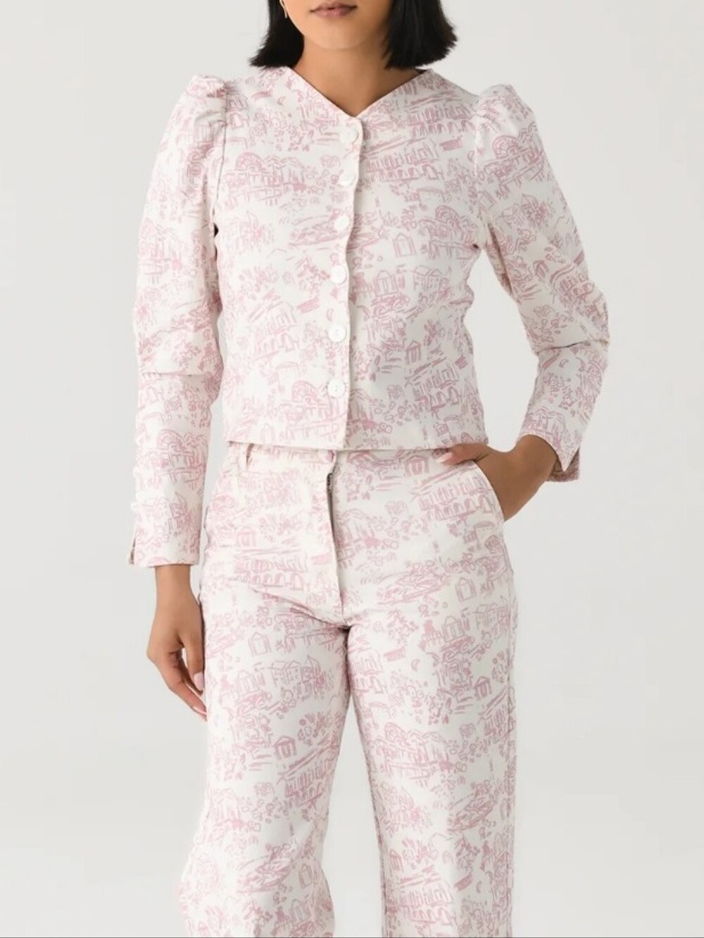 Women's Pink Printed Puff-Sleeve Button-Up Top